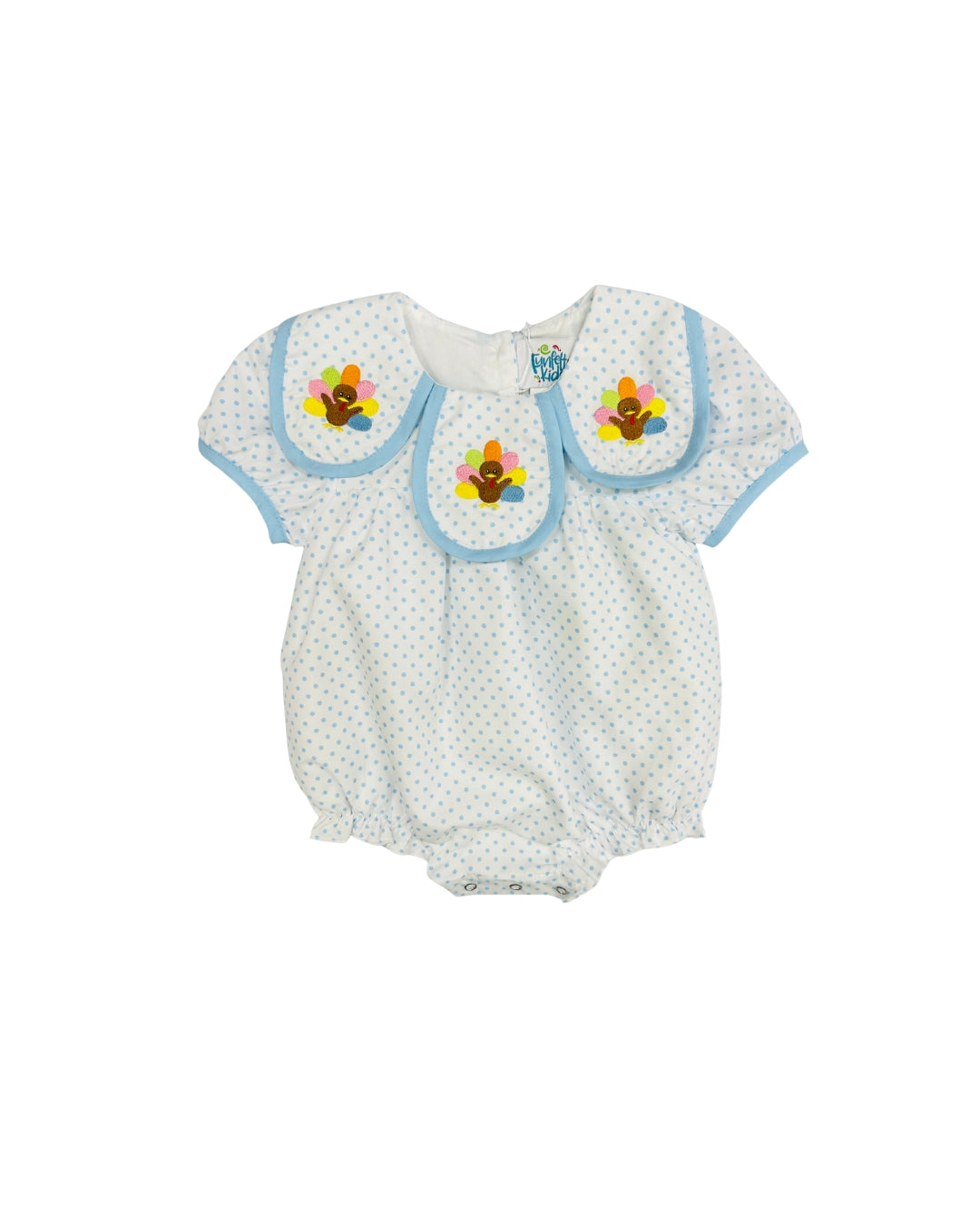 Funfetti Kids Blue Polka Dot Bubble with Turkey Embroidered Petal Collar