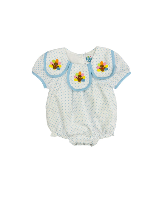 Funfetti Kids Blue Polka Dot Bubble with Turkey Embroidered Petal Collar