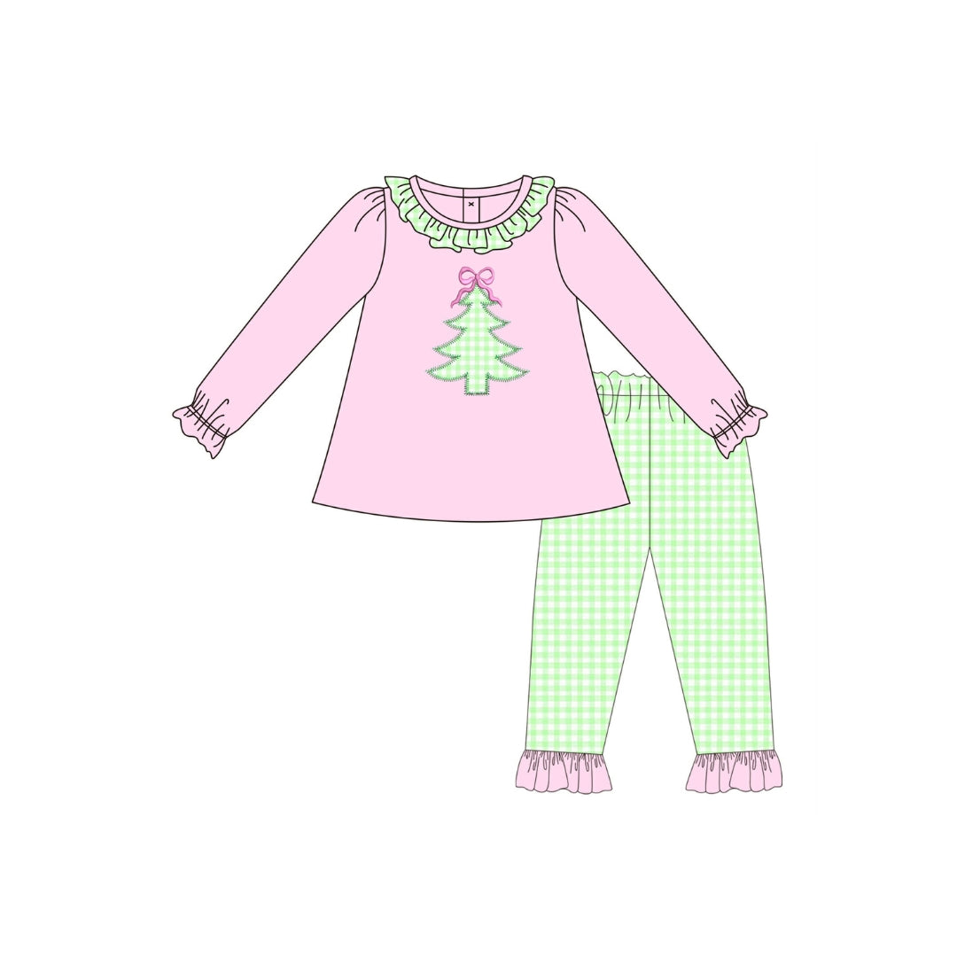 PRE ORDER - Funfetti Kids Pink/Green Gingham Christmas Tree Ruffle Pant Set