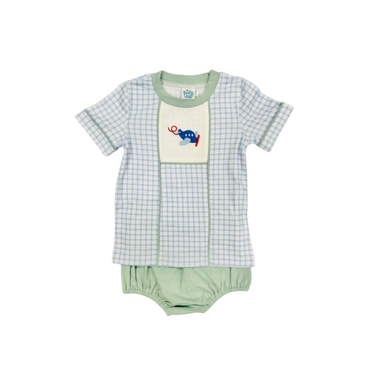 Funfetti Kids Embroidered Airplane/Gingham Diaper Set