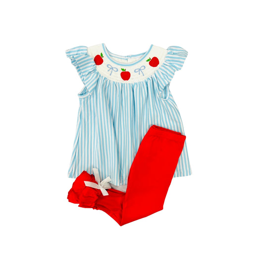 Embroidered Apple/Bow Stripe Legging Set