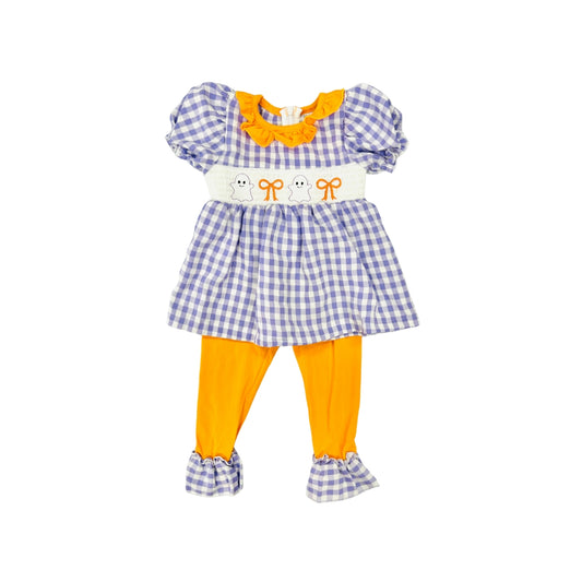 Purple Gingham Bow/Ghost Embroidered Legging Set