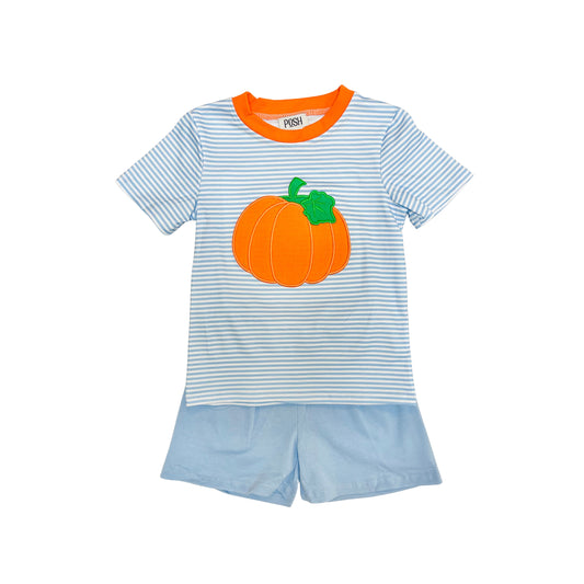 POSH Boy Pumpkin Applique Blue Striped Short Set