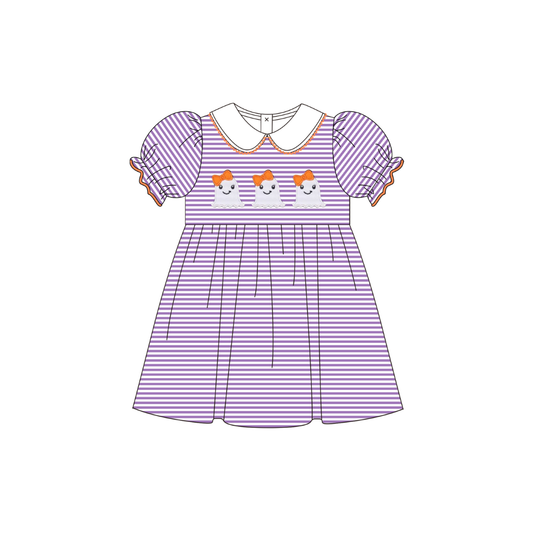 PRE ORDER - Hazel Blue Purple Stripe Dress with Girly Ghost Applique and Picot Trim