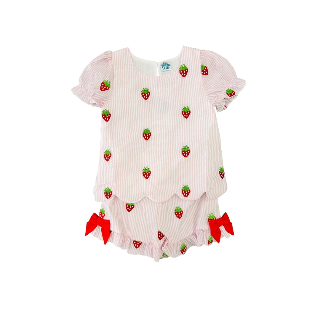 Funfetti Kids Pink Seersucker Embroidered Strawberry Short Set