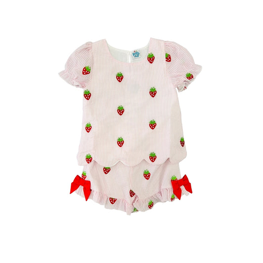 Funfetti Kids Pink Seersucker Embroidered Strawberry Short Set