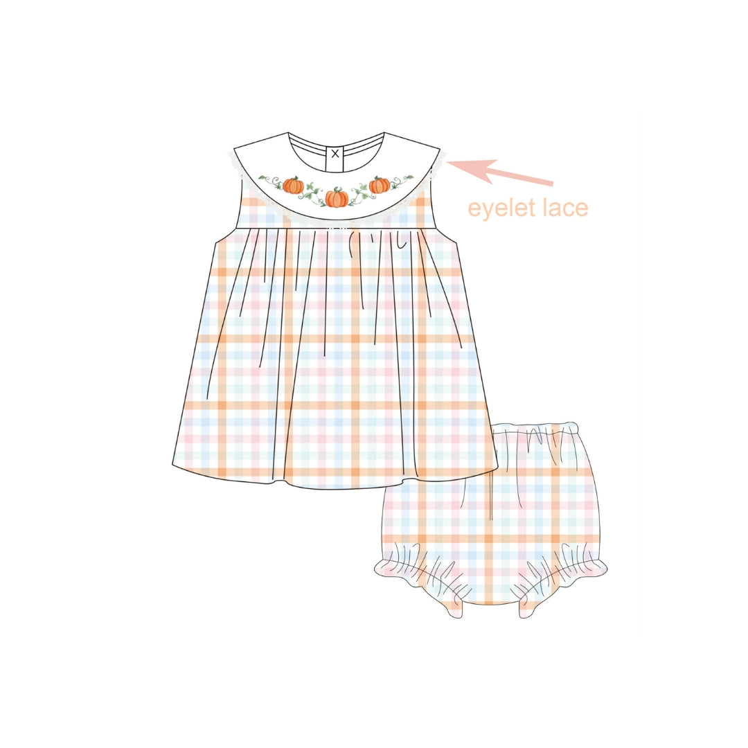 PRE ORDER - Funfetti Kids Embroidered Pumpkin/Plaid Bloomer Set with Eyelet Lace Trim