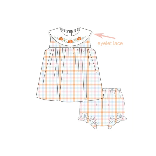 PRE ORDER - Funfetti Kids Embroidered Pumpkin/Plaid Bloomer Set with Eyelet Lace Trim