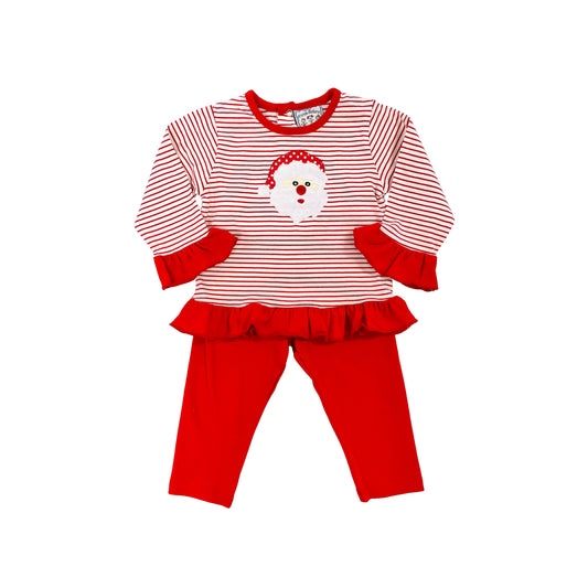 Three Sisters Girl Red Stripe Ruffle Pant Set with Santa Applique