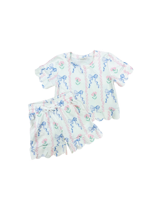 Blue Bow Scallop Short Set