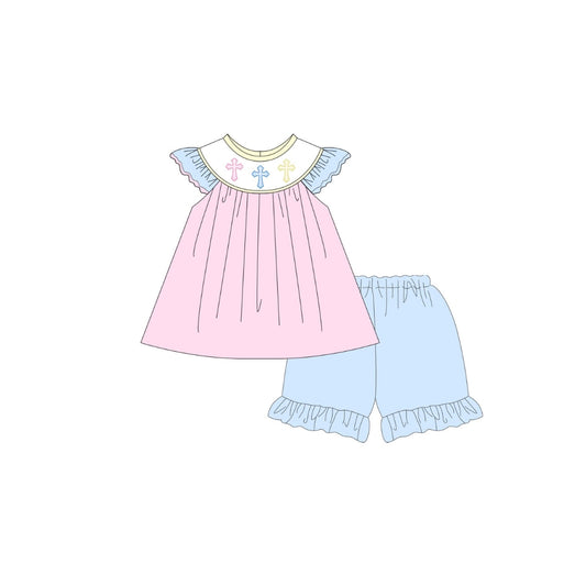 PRE ORDER - Funfetti Kids Pastel Embroidered Cross Ruffle Short Set