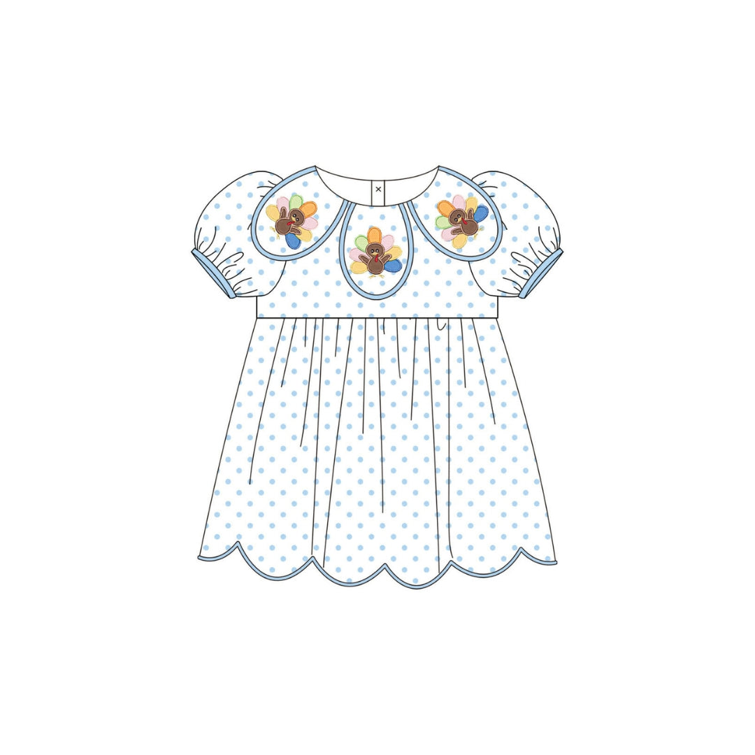 PRE ORDER - Funfetti Kids Blue Polka Dot Dress with Turkey Embroidered Petal Collar