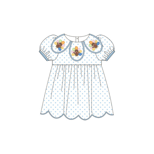 PRE ORDER - Funfetti Kids Blue Polka Dot Dress with Turkey Embroidered Petal Collar