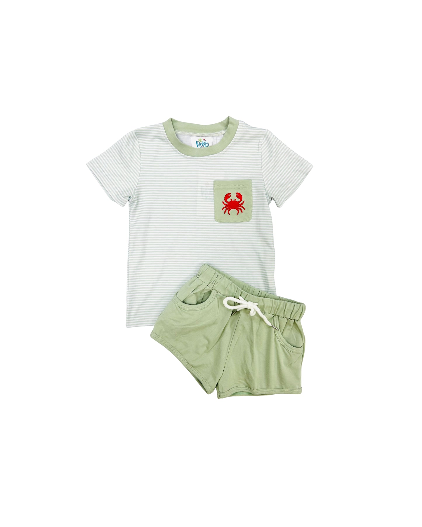 Funfetti Kids Sage Stripe Crab Embroidered Short Set