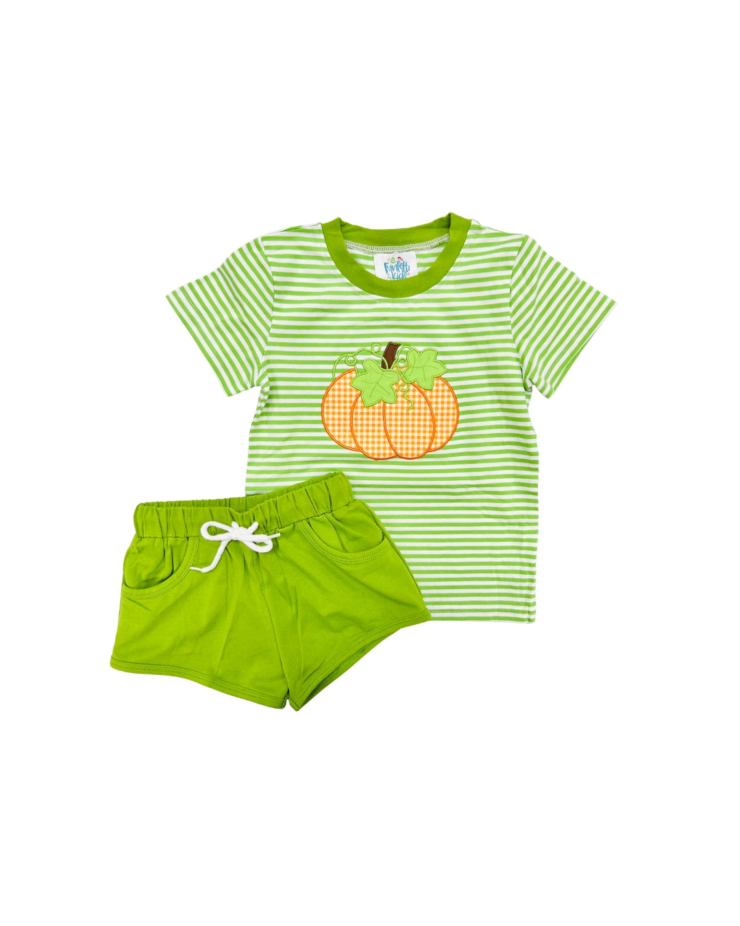 Funfetti Kids Green Stripe Short Set with Pumpkin Applique