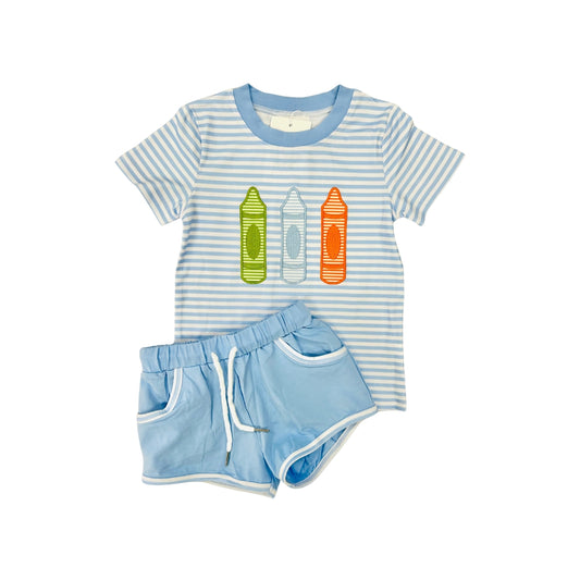 Funfetti Kids Blue Stripe Crayon Applique Short Set