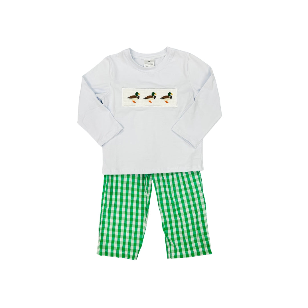 Green Gingham Embroidered Duck Pant Set