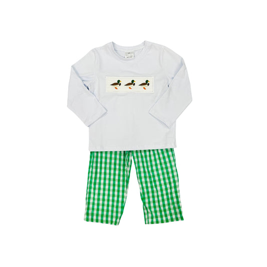 Green Gingham Embroidered Duck Pant Set