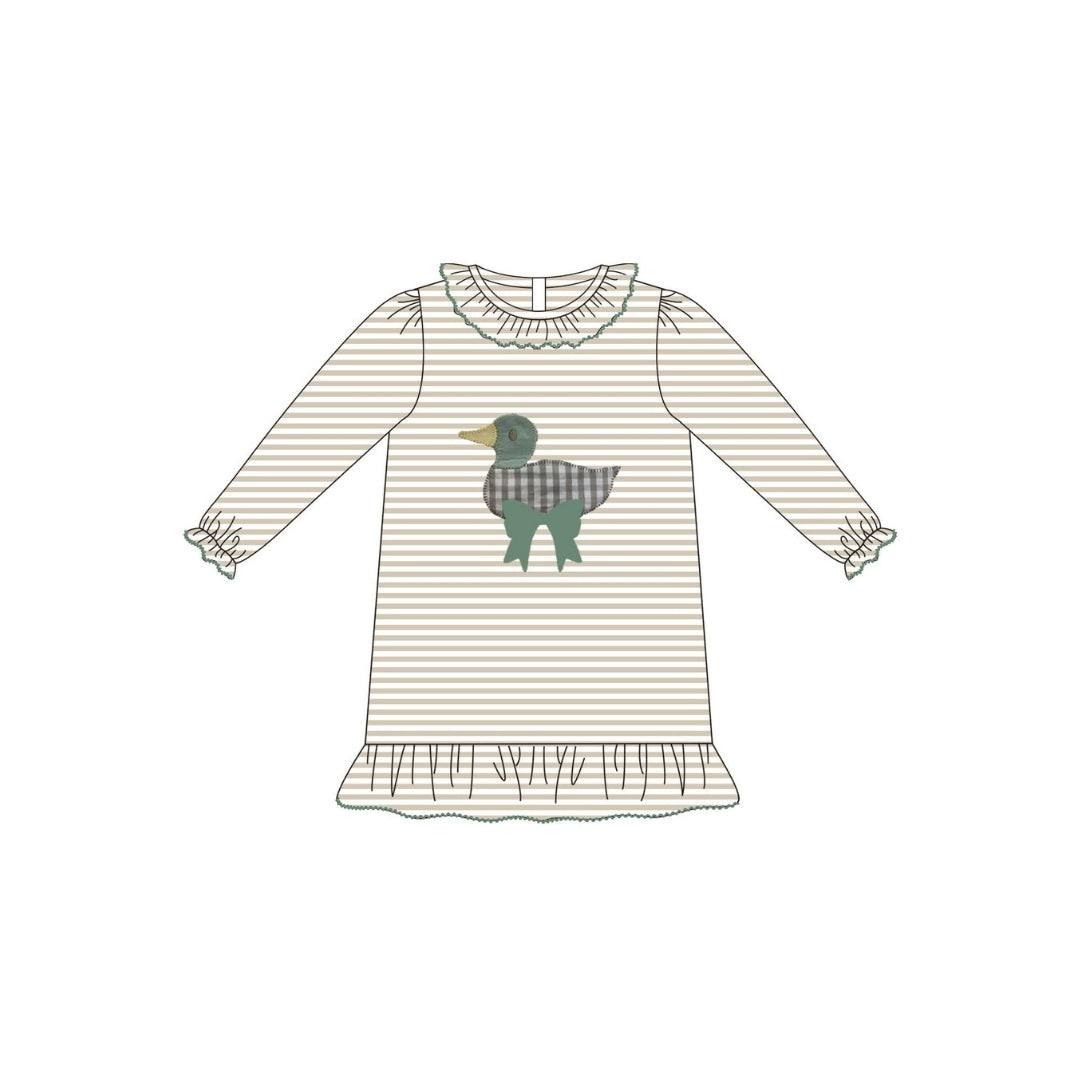 PRE ORDER - Hazel Blue Tan Stripe Picot Trim Ruffle Dress with Gingham Mallard Applique & Bow