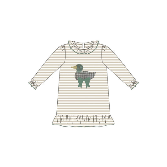 PRE ORDER - Hazel Blue Tan Stripe Picot Trim Ruffle Dress with Gingham Mallard Applique & Bow