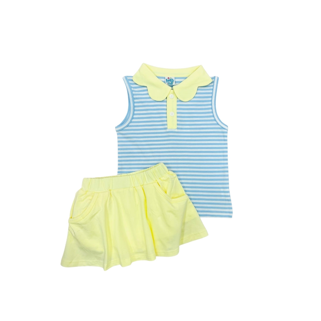 Funfetti Kids Yellow/Blue Scallop Collar Two Tone Stripe Skort Set