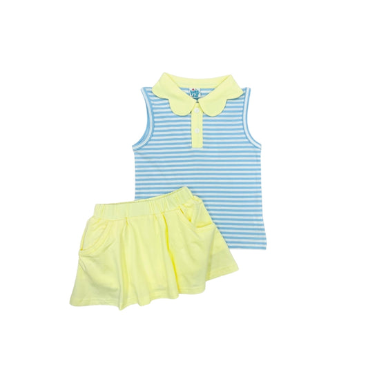 Funfetti Kids Yellow/Blue Scallop Collar Two Tone Stripe Skort Set