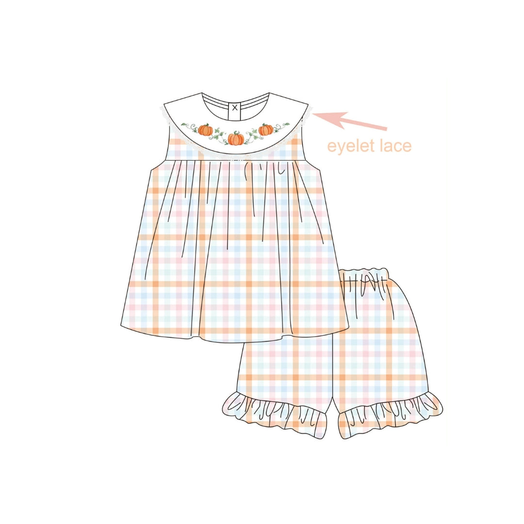 PRE ORDER - Funfetti Kids Embroidered Pumpkin/Plaid Short Set with Eyelet Lace Trim