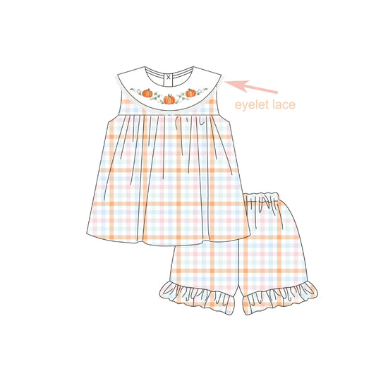PRE ORDER - Funfetti Kids Embroidered Pumpkin/Plaid Short Set with Eyelet Lace Trim