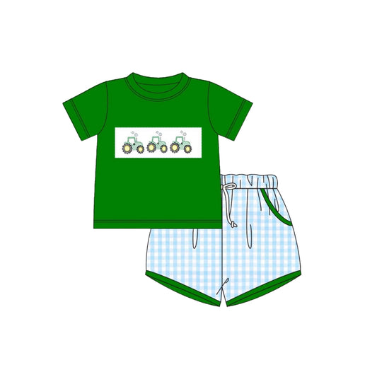 PRE ORDER - Funfetti Kids Blue Check/Tractor Applique Short Set