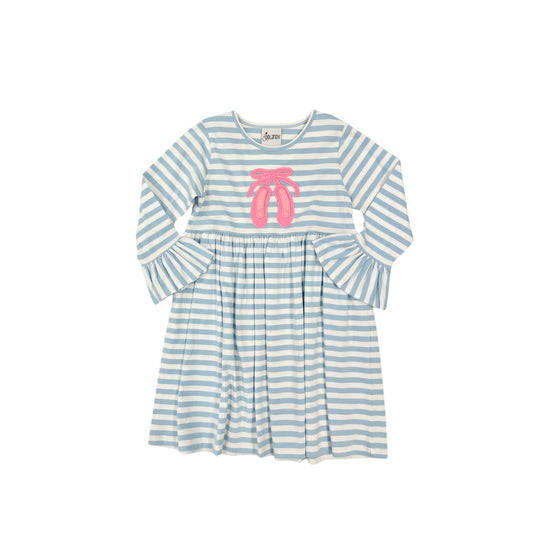 Delaney Girl Blue Stripe Dress with Ballet Slipper Applique