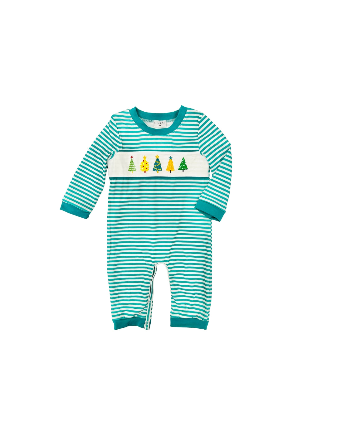 Teal Stripe Multi Tree Embroidered Romper