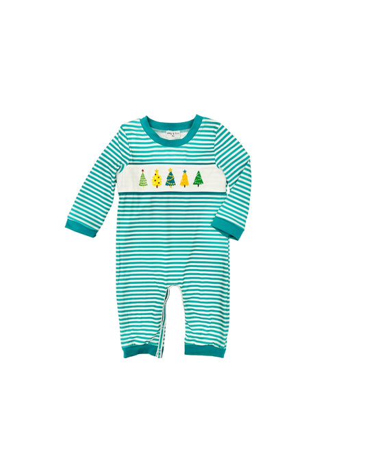 Teal Stripe Multi Tree Embroidered Romper