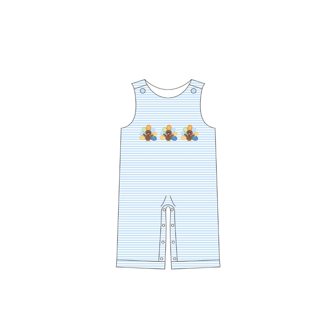 PRE ORDER - Funfetti Kids Blue Stripe Longall with Embroidered Turkeys