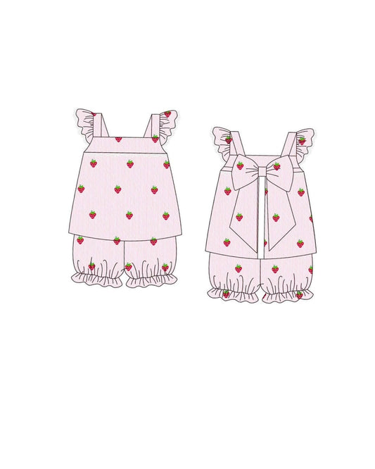 PRE ORDER - Hazel Blue Pink Seersucker Strawberry Embroidered Bloomer Set with Bow Back