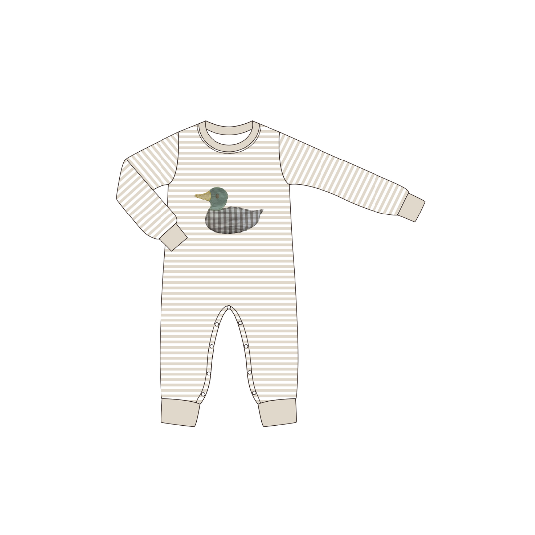 PRE ORDER - Hazel Blue Tan Stripe/Gingham Mallard Applique Romper