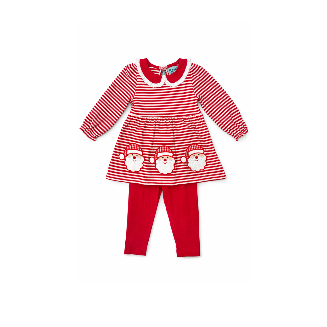 PRE ORDER - Hazel Blue Red Stripe Santa Applique Legging Set with Ruffle Collar