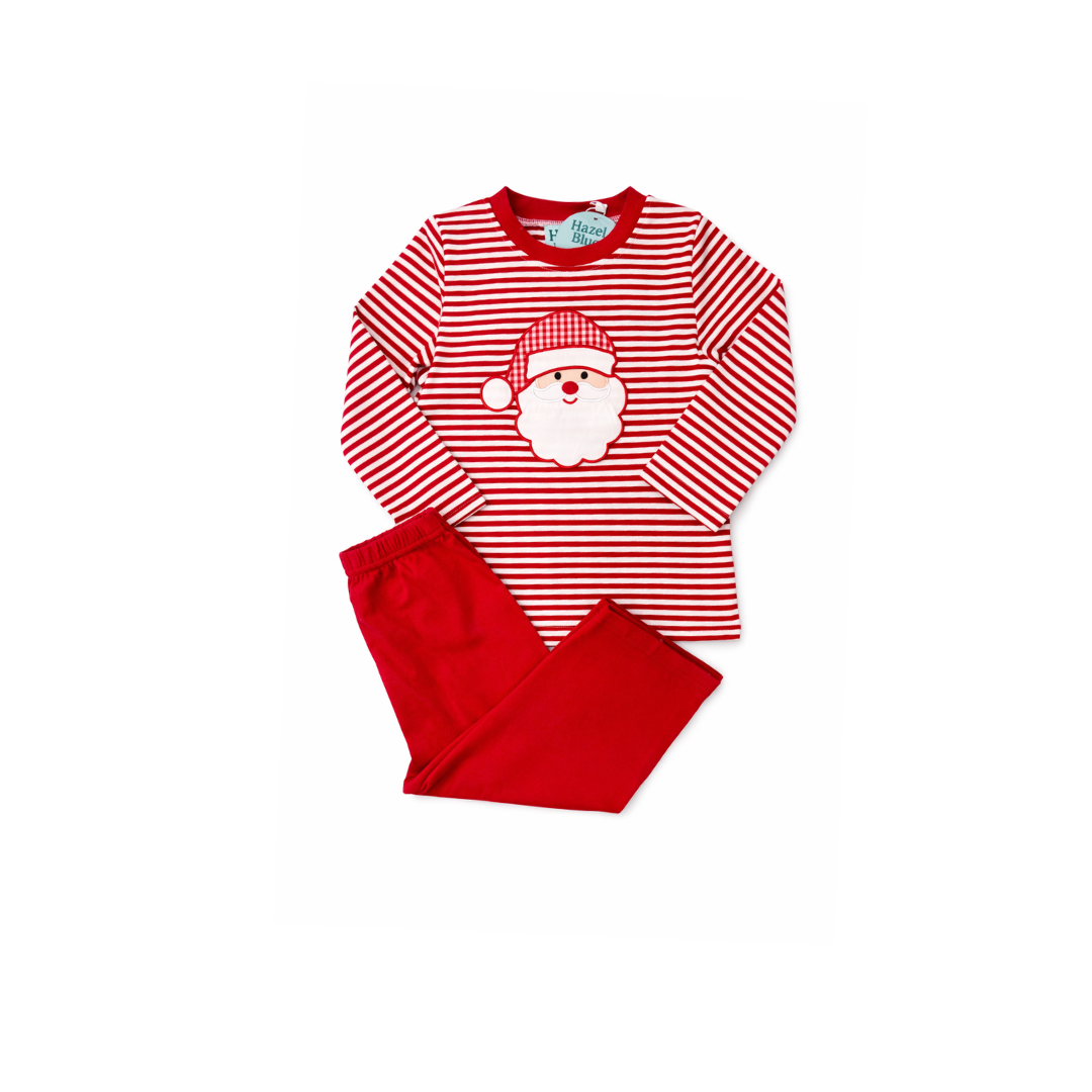 PRE ORDER - Hazel Blue Red Stripe Santa Applique Pant Set
