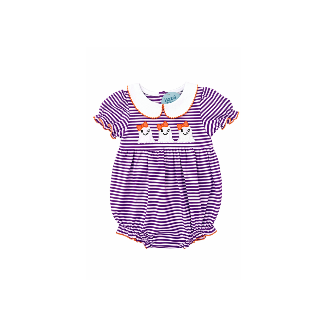 PRE ORDER - Hazel Blue Purple Stripe Bubble with Girly Ghost Applique and Picot Trim