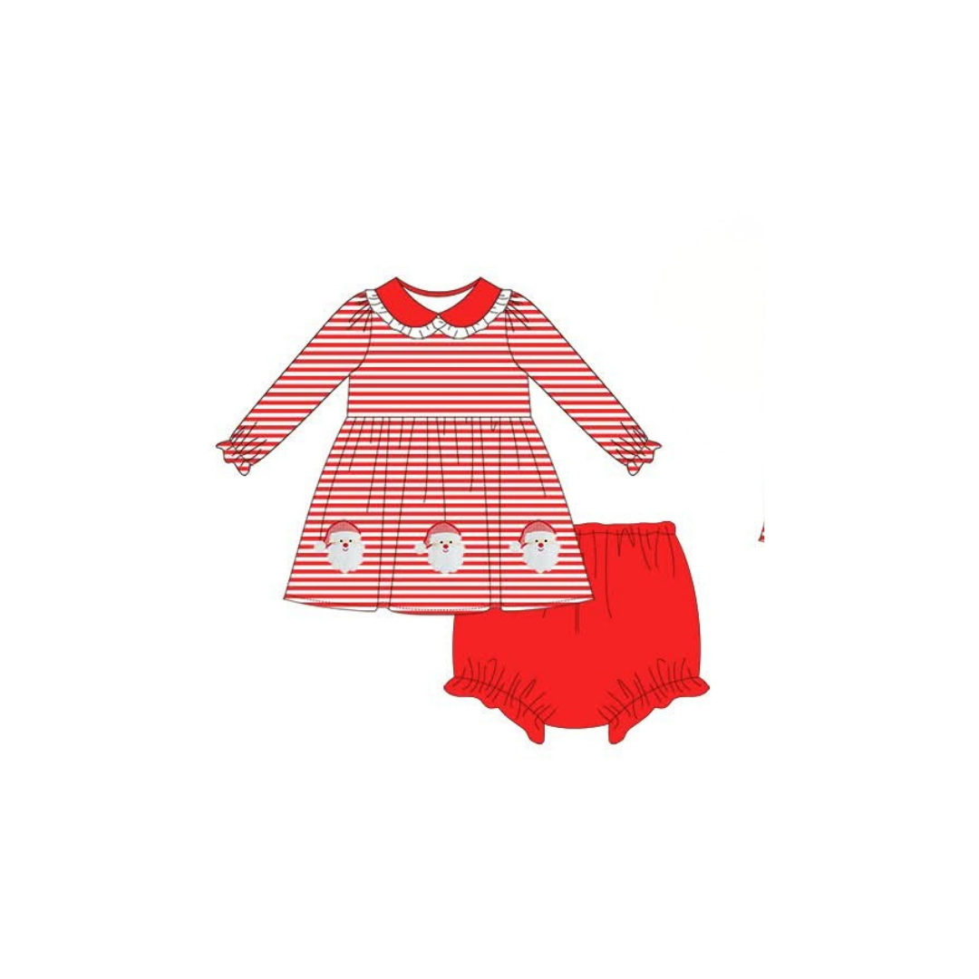 PRE ORDER - Hazel Blue Red Stripe Santa Applique Bloomer Set with Ruffle Collar