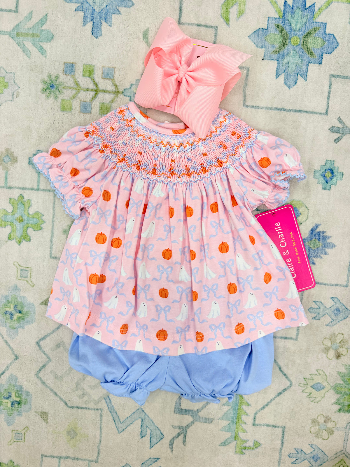 Claire & Charlie Ghost/Pumpkin Smocked Bloomer Set - 9m