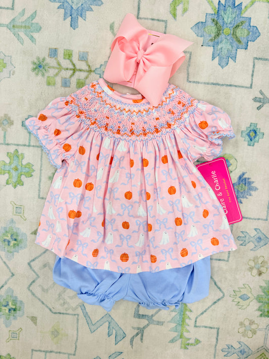 Claire & Charlie Ghost/Pumpkin Smocked Bloomer Set - 9m