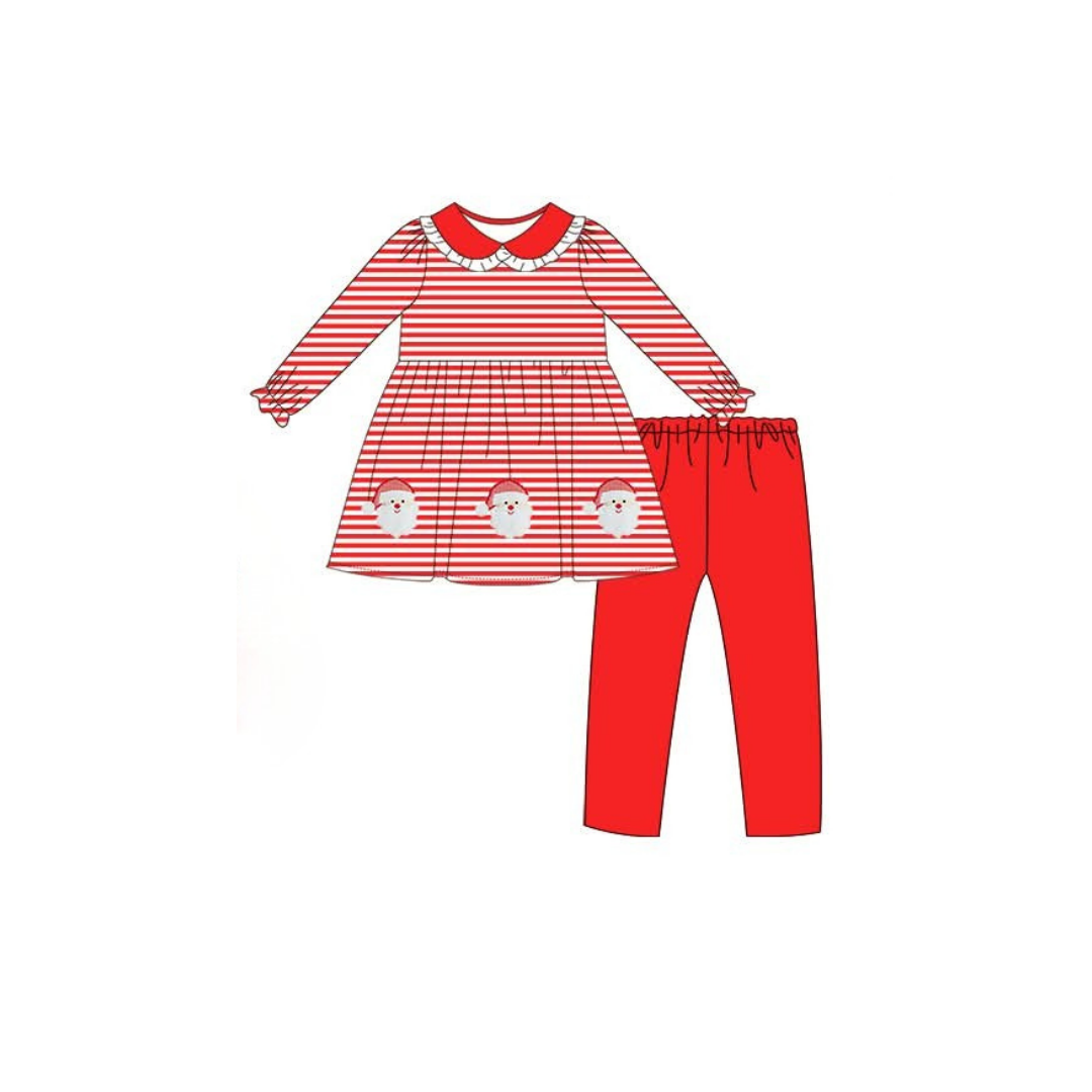 PRE ORDER - Hazel Blue Red Stripe Santa Applique Legging Set with Ruffle Collar