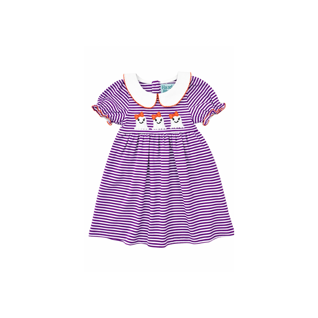 PRE ORDER - Hazel Blue Purple Stripe Dress with Girly Ghost Applique and Picot Trim