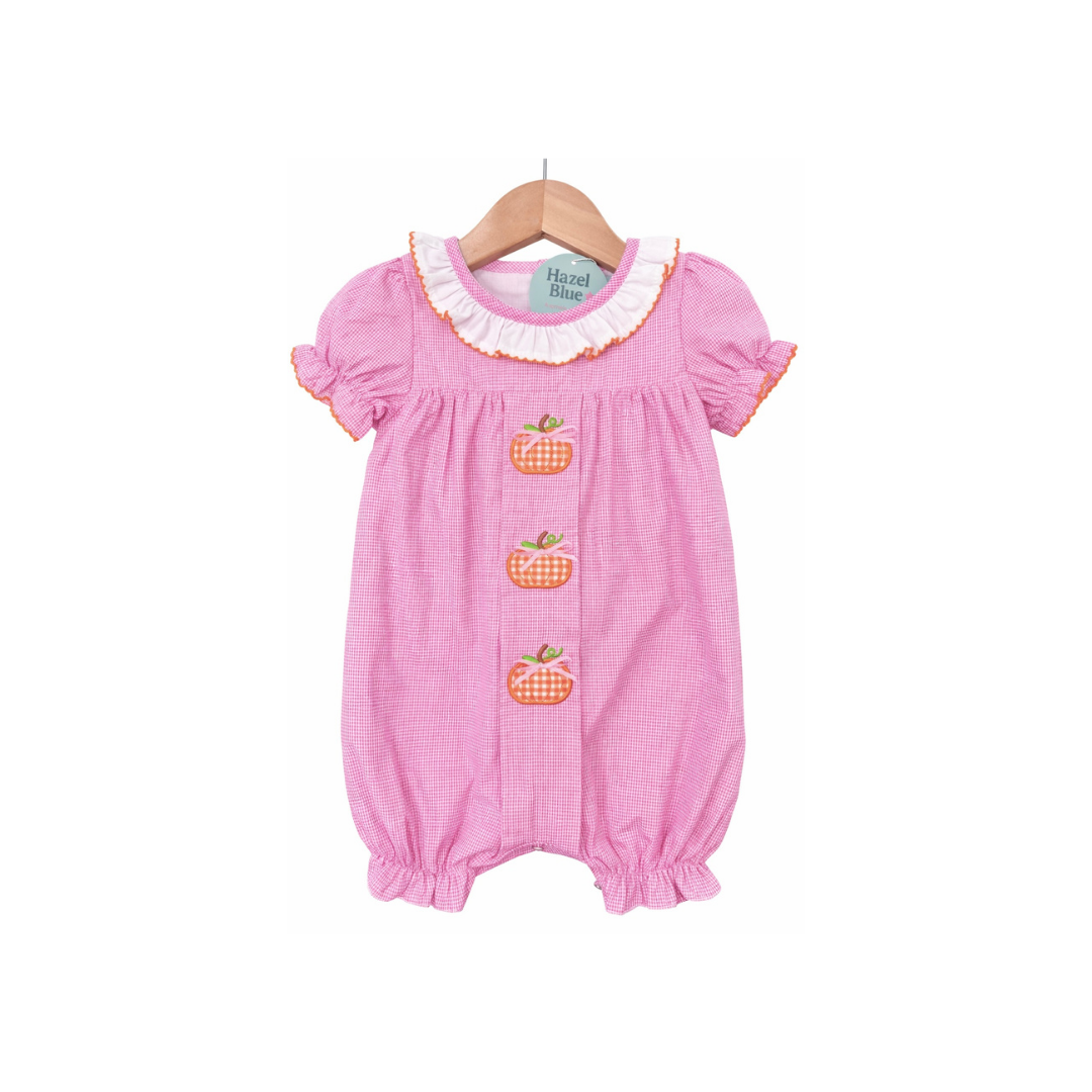 PRE ORDER - Hazel Blue Pink Micro Check Gingham Romper with Pumpkin Applique and Bows