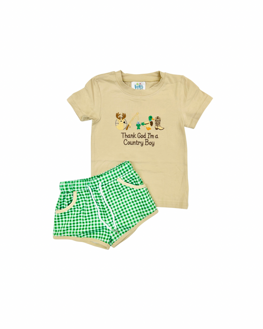 Funfetti Kids Thank God Im a Country Boy Applique Short Set