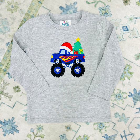 Funfetti Kids Monster Truck Christmas Tree Applique Shirt