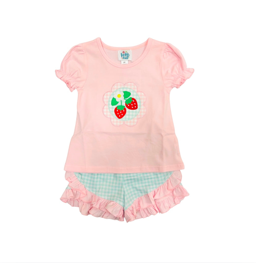 Funfetti Kids Embroidered Strawberry/Mint Check Short Set