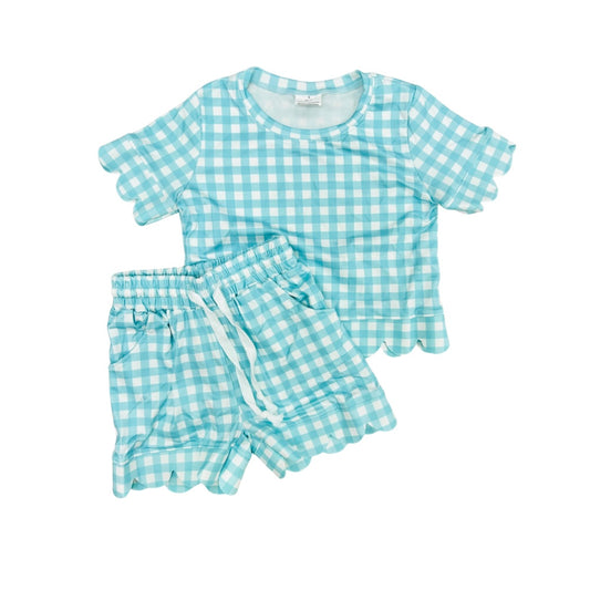 Turquoise Gingham Scallop Short Set