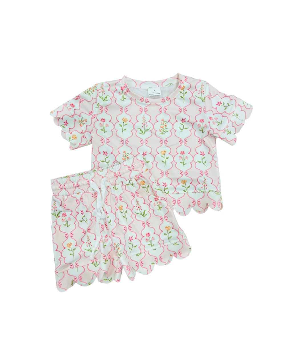Pink Floral Scallop Short Set