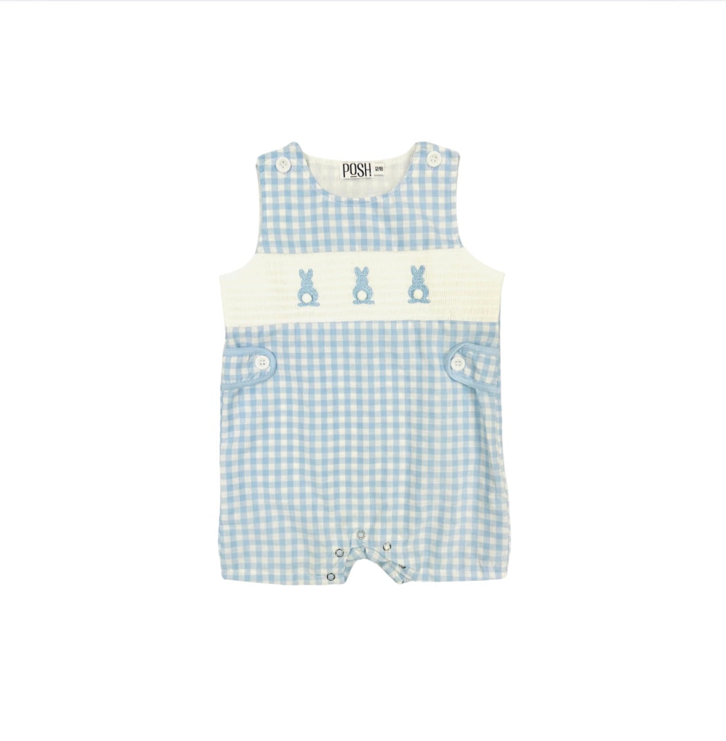 POSH Blue Check Smocked/Embroidered Bunnies Jon Jon